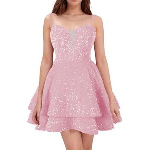 WSEYU Spaghetti Bandjes Homecoming Jurken Korte Sprankelende Pailletten Bruidsmeisje Afstuderen Cocktail Party Prom Gown ZM290, Diep Roze, 32