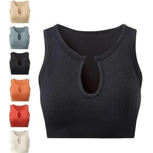 Mouwloos sportvest for dames met navellekkage en borstkussentje. Zeer elastisch, rekbaar en ademend.(Black,L)