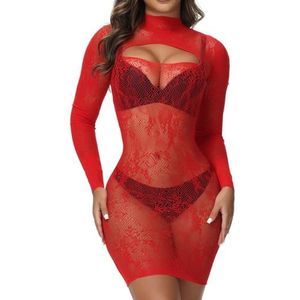 Hilergy Sexy Lingerie Dress for Women Fishnet Hollow Out Bodycon Stretchy Nightwear Exotic Beach Cover Up Outfit(Red 0090)