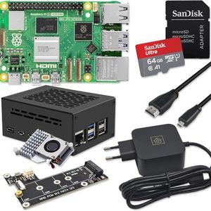 Raspberry Pi 5 16 GB PCIe M.2 NVMe - Kit | metalen behuizing | Active Cooler | M.2 NVMe SSD PCIe Board | USB-C 45W voeding | Ultra 64GB SD-kaart | 4K Micro HDMI-kabel (16 GB RAM)