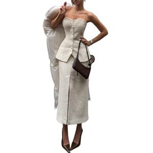 MLSHWUG Dames Vintage Mouwloze Tube Tops Met Knopen En Bodycon Gespleten Maxi Rok 2-Delige Sets,Wit,L