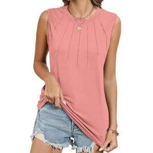 HHuiXinXue Dames zomer ronde hals tank top casual geplooide mouwloze tops tank shirt elegant Unicoloured, roze, L