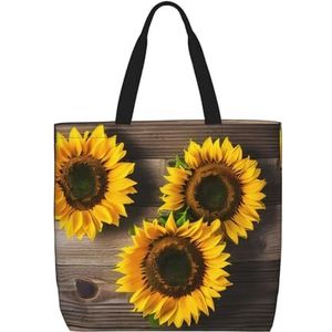 SSIMOO Drie zonnebloemen op houten stijlvolle rits boodschappentassen, schoudertas, de perfecte mix van stijl en gemak, Drie zonnebloemen op hout2, Eén maat