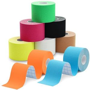 Kinesiologie tape, 5 cm x 5 m, professionele kinesiologische sporttape, 8 rollen gekleurde, waterdichte, elastische en huidvriendelijke sporttape voor fysiotherapie, sport en herstel na blessures