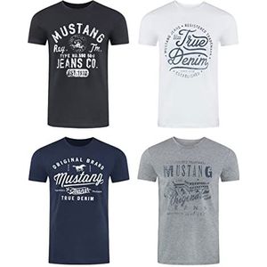 MUSTANG Heren T-shirt 4-pack frontprint ronde hals korte mouwen regular t-shirt 100% katoen zwart wit grijs blauw groen S M L XL XXL 3XL 4XL 5XL 6XL, Kleurmix (P10), L