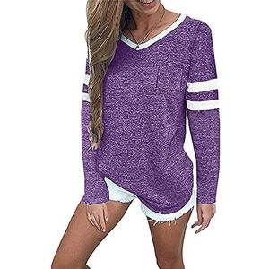 Dames T-shirts met lange mouwen dames pullover baseball tops V-hals gestreepte pullover dames T-shirts lange mouwen tops dames pullover kleurblok casual blouse sweatshirt T-shirt gestreept top, paars (C-Lila), XL