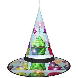 EdWal Verlichte tovenaar pet, Halloween heksenhoed, hangende heksenhoed, voor buiten tuin indoor feest - kleurrijke Happy Birthday cupcakes