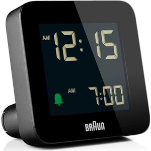 Braun digitale wekker met sluimerstand, negatief LCD-display, snelinstelling, crescendo-piepalarm in zwart, model BC09B