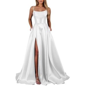 KIYNE Satijnen galajurken voor dames met steekzakken en spaghettibandjes, lange formele avondjurk, Wit, 34