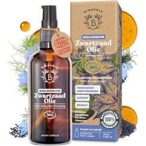 BIONOBLE Biologische Zwarte Komijnolie - Koudgeperst, 100% Natuurlijke Oorsprong, Hexaanvrij - Anti-Acné, Zuiverend - Gezicht, Lichaam, Haar - Vegan Black Seed Oil - Glazen Fles, Pipet, Pompje - 100ml