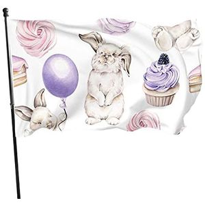 942 Vlag 90 x 150 cm, schattig konijntje ballon verjaardagstaart werf vlaggen levendige kleur vlaggen banner vervagingsbestendige boerderij vlag, voor festival, carnaval, optocht