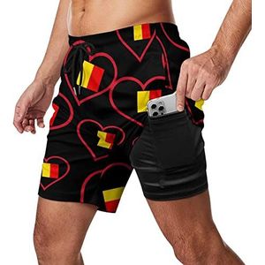 I Love Belgium Red Heart Zwembroek voor heren, sneldrogend, 2-in-1 strandsportshorts met compressieliner en zak
