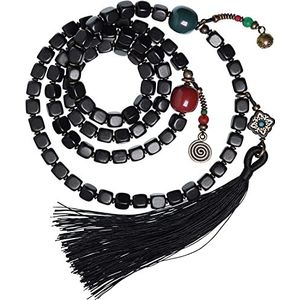 Kralenarmband, Mala Gebedskralen Elastische Armband, Houten Kralenarmband Ebbenhout, Gebedskralen Mala Manchet met Katoenen Kwastjes, Zen Gift (Kleur: Zwart, Maat: Medium) (Kleur: Zwart, Maat: Klein)