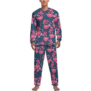 Schattige roze flamingo patroon heren pyjama sets lange mouwen top en broek met elastische band nachtkleding lounge pyjama sets M