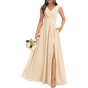 Chiffon bruidsmeisjesjurken voor dames, voor bruiloft, met split, cocktailjurk, avondjurk, baljurk, grote maten, Champagne, 32