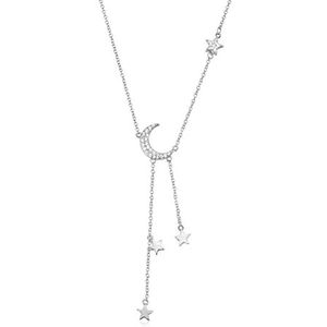 Ketting 925 Sterling Zilver Zirkoon Maan Ster Hanger Bedel Lange Ketting Bruiloft Sieraden Kristal Elegante Ketting voor Vrouwen (Gem Kleur: Zilveren Ster) (Een Gouden Maan) Gelukkig huis