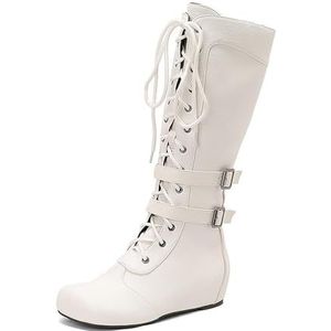 Retro Britse stijl dames vooraan veterschoenen patchwork ridder lange laarzen,Wit,35 EU