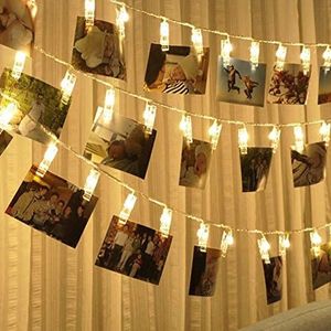 Bakaji Home Lichtketting met 16 leds, lichtketting met clips, voor het ophangen van foto's, werkt op batterijen, lengte 180 cm (warmwit)