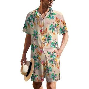 Aquarel vos met kerst sparren kegel heren Hawaiiaanse pak set 2-delig strand outfit korte mouw shirt en korte broek bijpassende set