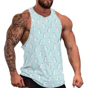Eenhoorn op blauwe heren tanktop grafische mouwloze bodybuilding T-shirts casual strand T-shirt grappige sportschool spier