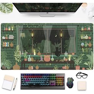 Leuke regenachtige nacht bureaumat groene planten bureauonderlegger, anime zwarte kat Kawaii grote gaming muismat, maanlicht vuurvliegjes bureaumat esthetische muismat XXL, laptop toetsenbordpad voor