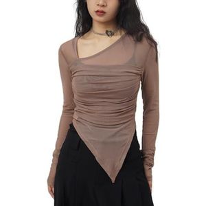 HGKPFGTG Dames Mesh Transparante Tops Sexy Mode Onregelmatige Lange Mouwen Slim Fit Lichtgewicht Clubnacht Y2k Feestshirts,Khaki,L