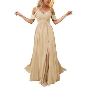 Chiffon galajurken met spleetplooien, bruidsmeisjesjurken voor bruiloft, cocktailjurk, grote maten, Champagne, 34