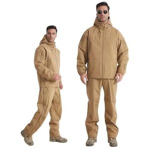 RVUEM Men's 3-Layer Hardshell Tactical Suit, Waterproof Windproof Rain Jacket & Pants with Heat-Sealed Seams, All-Weather Combat Set for Hunting Hiking,Khaki,3XL