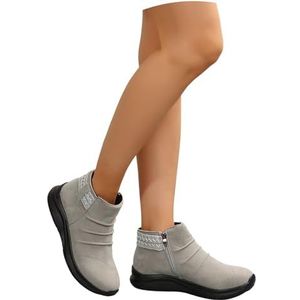 Dames Suède Enkellaarsjes for Winter Retro Korte Laarzen Met Etnische Print Platte Antislip Ankle Boots Laarsjes Met Rits In Grote Maten Enkelschoenen for Buiten, Kantoor(Gray,43 EU)