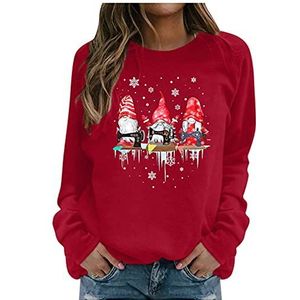 Dames sweatshirt gemakkelijk vrolijk kerstfeest ronde kraag lange mouwen print top blouse vrouwen trui rits zakken, Rood, L