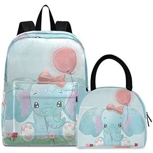 Blauwe schattige roze olifant boekentas lunchpakket set schouderrugzak boektas kinderrugzak geïsoleerde lunchboxtas voor meisjes jongens
