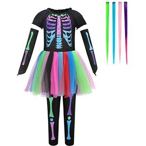 Lito Angels Neon Skelet Jurk Halloween Kostuum Verkleedkleding, 4-delige Set met Haarclips Extensions voor Puber Meisjes Maat 152 (Leeftijd 10-12 Jaar) (Markeringsnummer 0L)