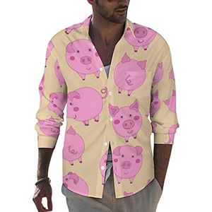 Roze varken heren revers shirt met lange mouwen button down print blouse zomer zak T-shirts tops 5XL