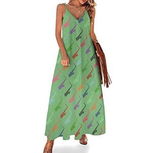 Kleurrijke Saxphones Maxi-jurk voor dames, zomer, V-hals, mouwloos, spaghettiband, lange jurk