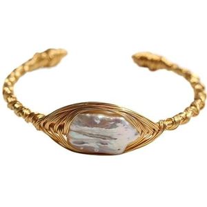 Natuurlijke Turkoois Chunky Kralen Gouden Open Manchet Armband for Vrouwen Barokke Parel Kralen Open Armband Bangle Sieraden (Color : White Pearl-02)