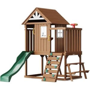 VEVOR Houten buitenspeelhuis, modern ceder speelhuis voor kinderen van 3-10 jaar, tuinspellen, huisje, landelijke stijl ceder met glijbaan, ladder, klimwand, ramen, picknicktafel en bank