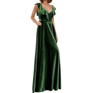Fluwelen lange bruidsmeisjesjurken voor vrouwen hoge split A-lijn ruches V-hals bescheiden formele avondjurken, Emerald Groen, 44