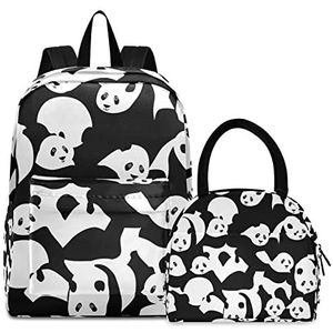 Zwart-witte Chinese panda boekentas lunchpakket set schouderrugzak boekentas kinderrugzak geïsoleerde lunchbox-tas voor meisjes jongens, Patroon., Medium