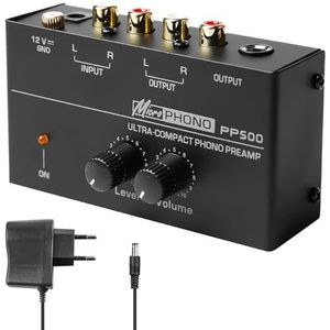 Phono Voorversterker, platenspeler, zwart, stereo-versterker met MM scansystemen, phono preamp voor platenspeler, versterker stereo met niveau, RCA input & output