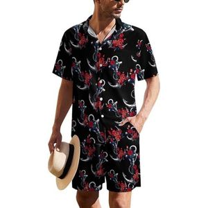 Flower Anchors Hawaïaans pak voor heren, set van 2 stuks, strandoutfit, shirt en korte broek, bijpassende set