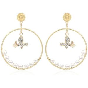 Dangle Circle Oorbellen Sierlijke Oorbellen Fake Drop Pearl Stud Butterfly, Zink, Geen edelsteen