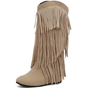 Dames Kwastjes Lange Laarzen, Mode Herfst Winter V-mond Ronde Neus Wedgesleekte Hoge Laarzen For Feesten, Winkelen Of Dagelijks Gebruik(Beige,38 EU)