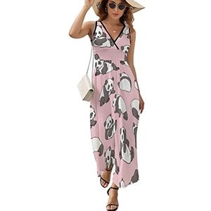 Panda roze patroon dames maxi lange jurk V-hals mouwloze tank zonnejurk zomer