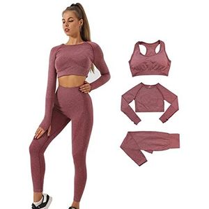Donykarry 3-delige gymsets voor dames. Naadloos trainingspak voor dames, volledige set voor training, hardlopen of yoga. Sportkleding legging en stretch sportbeha, jumpsuit set, Wijn-rood, L