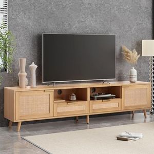 Aunvla Tv-consoletafel, 200 x 37 x 49 cm, tv-kast met echt rotandesign, tv-kast met massieve houten poten, gevlochten rotan tv-planken
