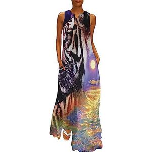 Tijger met mooi landschap dames enkellengte jurk slim fit mouwloze maxi-jurk casual zonnejurk 2XL