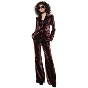 Vrouwen Fluwelen Pak 2 Stuk Office Lady Outfit Nothed Revers Vlevet Blazer Casual Wear Broek Pak Streetwear, Bordeaux, XS