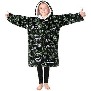 CityComfort Deken met capuchon voor kinderen, fleece hoodie-deken om aan te trekken, grijs, Eén maat (Zwart)