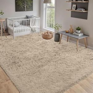 Vloerkleden Woonkamer 210 x 210 cm Zachte Dikke Pool Shaggy Tapijten Pluizig Shaggy Vloerkleed Antislip Onderkant Voor Bankvloer Kinderkamer, Beige