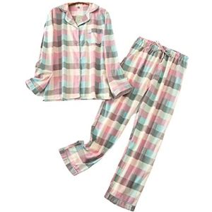 MAOAEAD Damespyjama set plus size S-3XL flanel katoen huiskleding herfst winter klassieke geruite print nachtkleding (roze geruit, L)